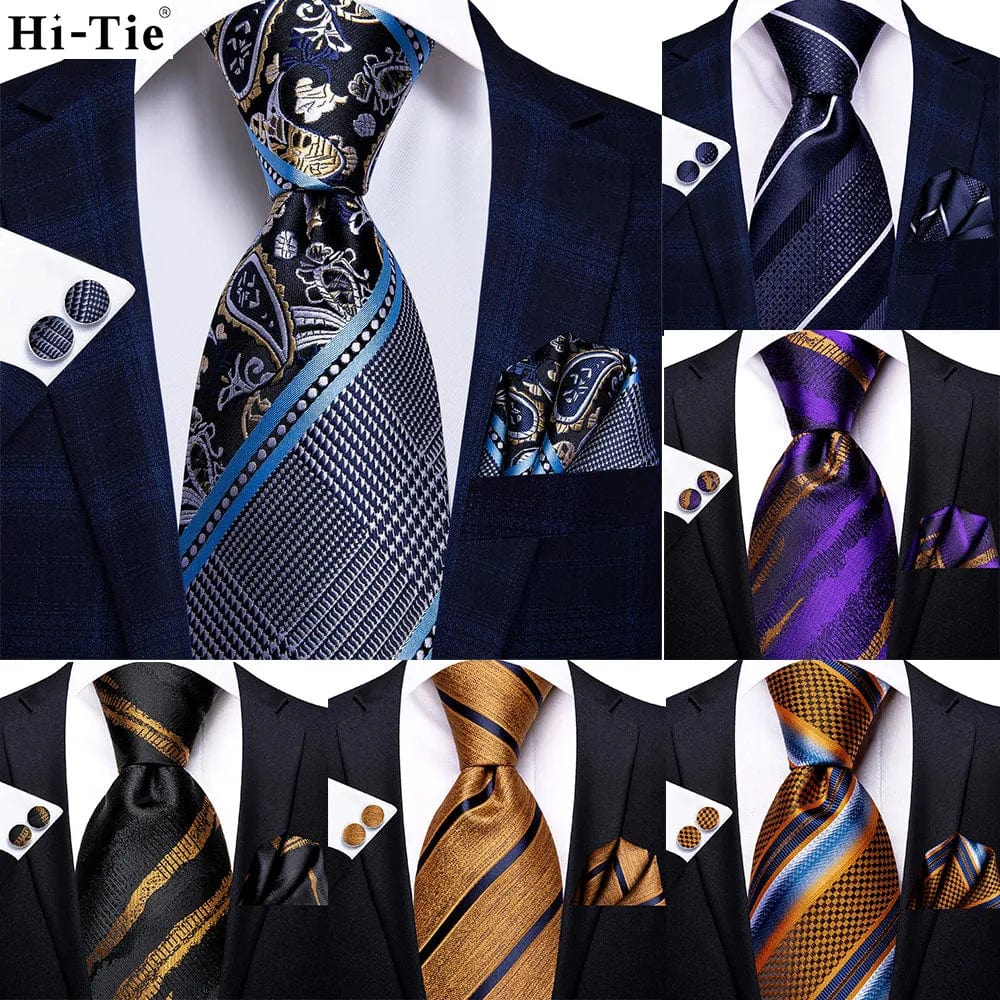 Navy blue striped silk tie set for men with matching hanky and cufflinks, stylish accessory for business or formal events.