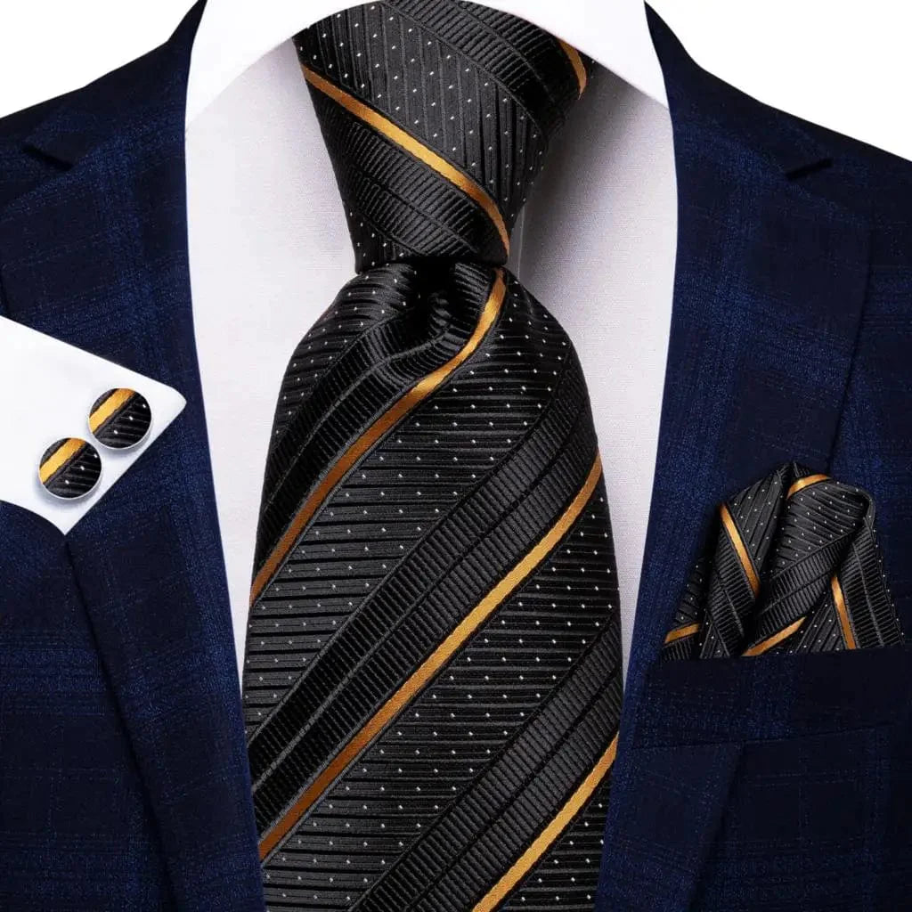 Navy blue striped silk tie set including men's necktie, matching hanky, and cufflinks, stylish for weddings and business events.