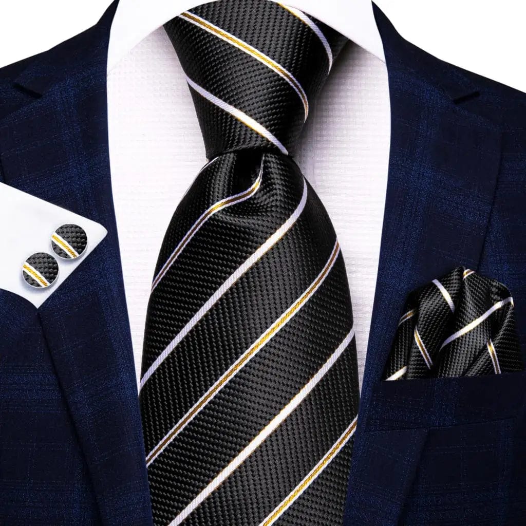 Navy blue striped silk tie set for men including necktie, pocket hanky, and cufflinks, perfect for formal and business occasions.