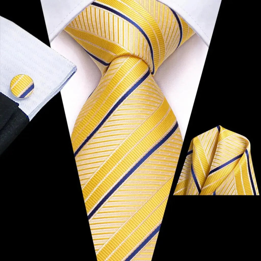 Navy blue striped silk tie set for men including necktie, pocket hanky, and cufflinks, ideal for formal and business occasions.