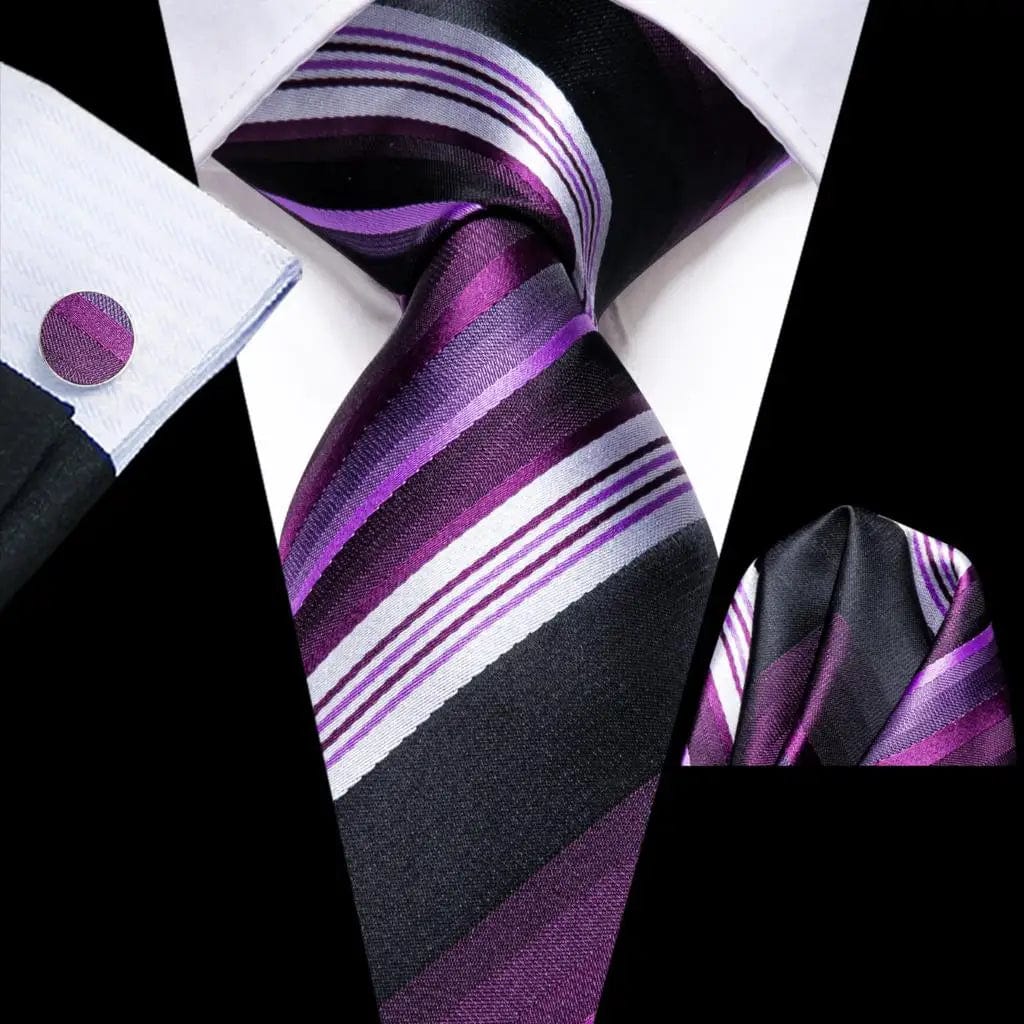 Navy blue striped silk tie set for men with matching hanky and cufflinks, stylish formal accessory by SHOWLU FASHION STORE.
