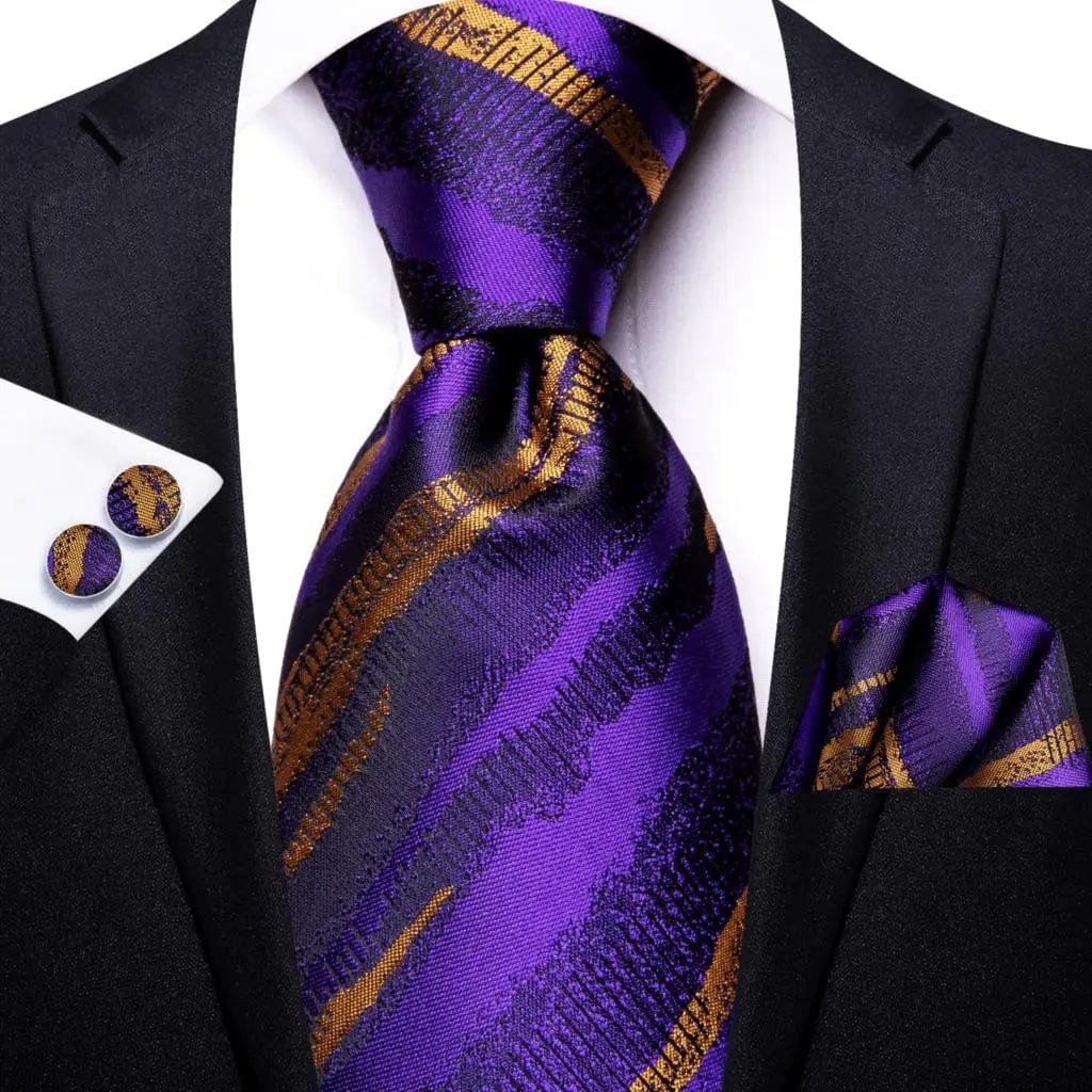 Navy blue striped silk tie set for men with matching hanky and cufflinks, stylish accessory for formal and wedding attire.