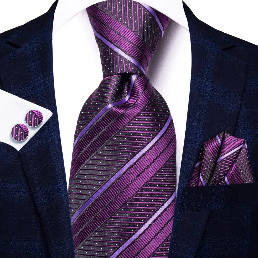 Navy blue striped silk tie set with matching hanky and cufflinks, men's fashion accessory for weddings and business events.