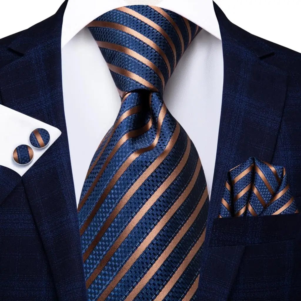 Navy blue striped silk tie set for men including necktie, hanky, and cufflinks, perfect for business or formal occasions.