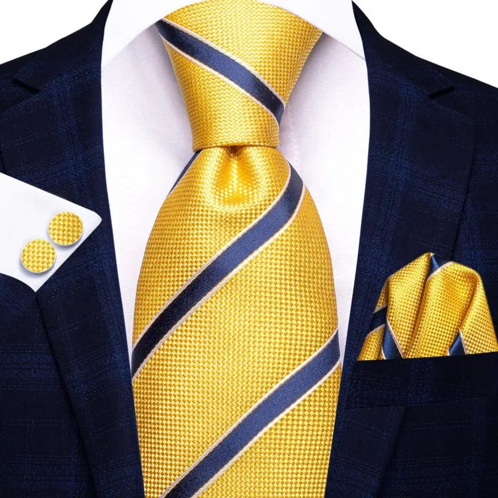 Navy blue striped silk tie set for men with matching hanky and cufflinks, perfect for weddings, business, or formal occasions.