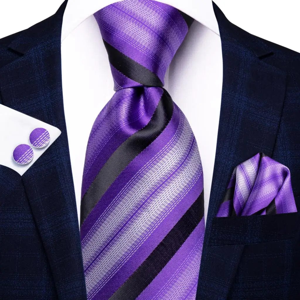 Navy blue striped silk tie set for men including necktie, pocket hanky, and cufflinks, perfect for formal and business occasions.