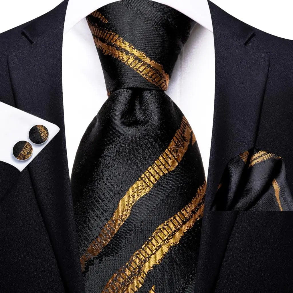 Navy blue striped silk tie set for men including necktie, pocket hanky, and cufflinks, perfect for business or formal occasions.
