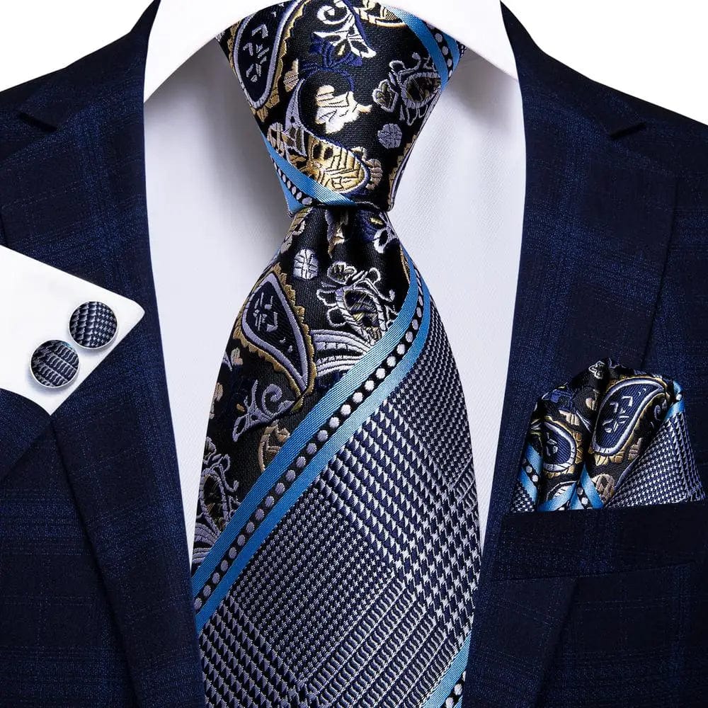 Navy blue striped silk tie set for men including necktie, pocket square, and cufflinks, perfect for formal and business occasions.