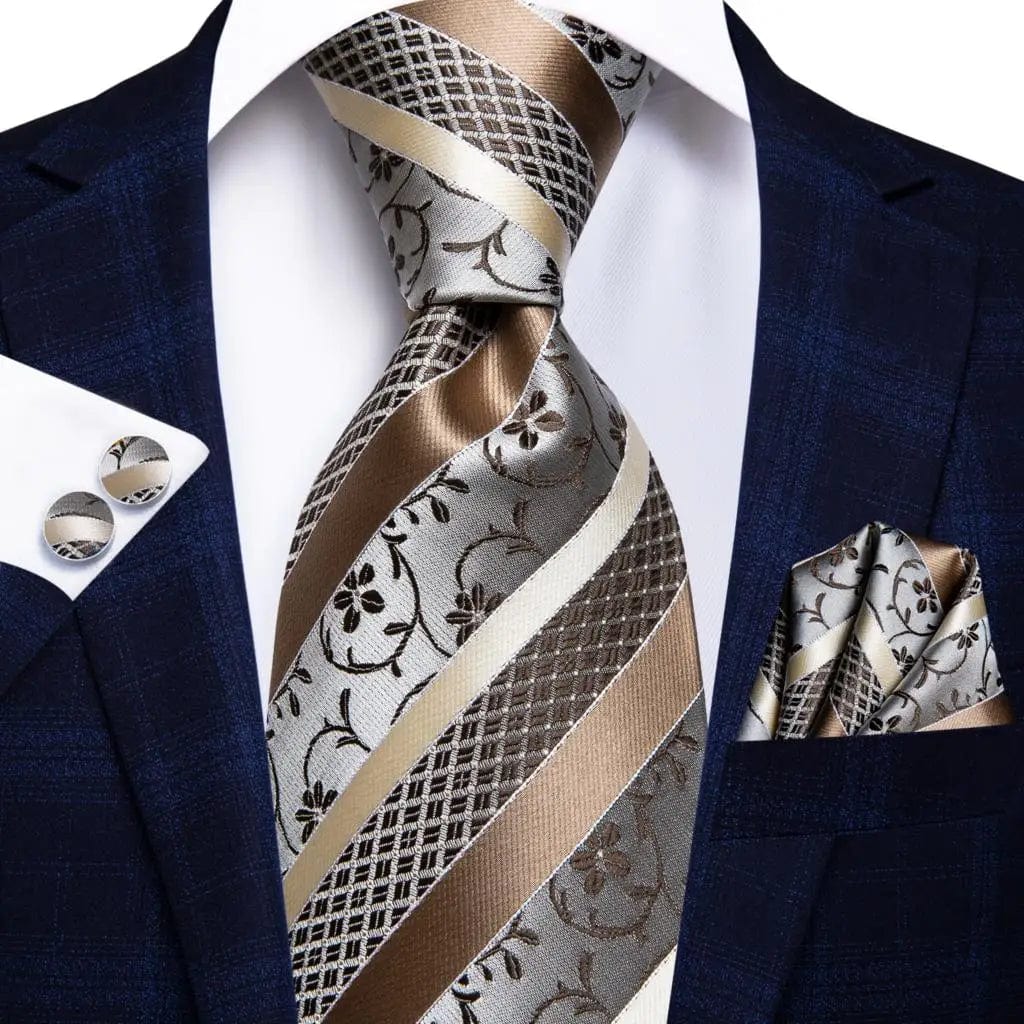 Navy blue striped silk tie set for men with matching hanky and cufflinks, perfect for weddings, business, and formal occasions.