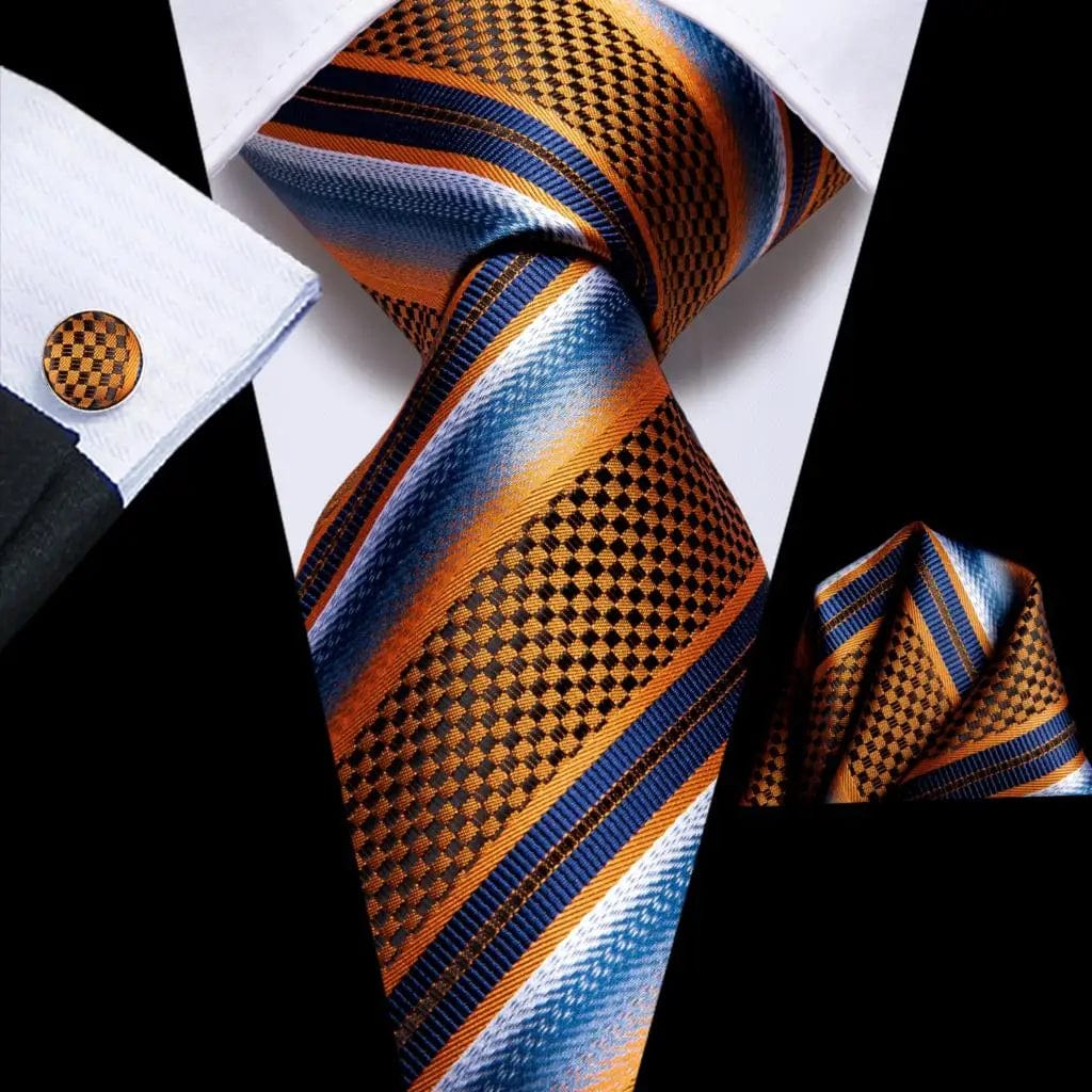 Navy blue striped silk tie set for men including a necktie, pocket hanky, and cufflinks, perfect for formal and business occasions.