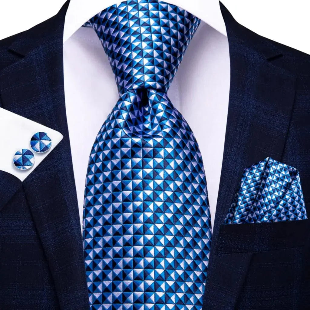 Navy blue striped silk tie set for men including necktie, matching hanky, and cufflinks, ideal for formal occasions and business wear.