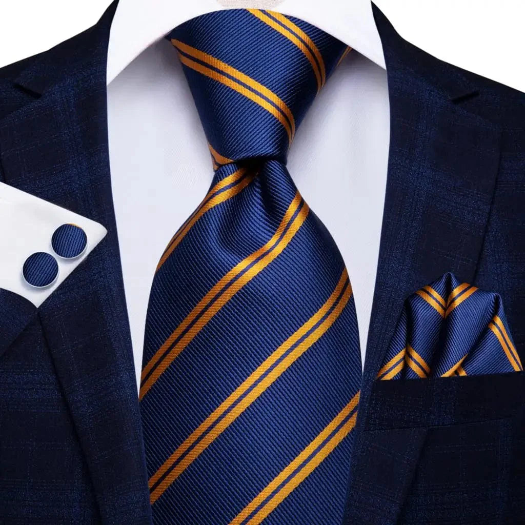 Navy blue striped silk tie set for men including necktie, pocket hanky, and cufflinks, perfect for formal occasions and business.