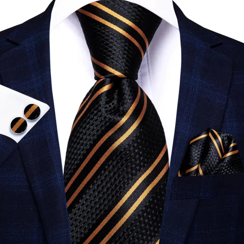 Navy blue striped silk tie set for men with matching hanky and cufflinks, stylish men's necktie for formal and business occasions