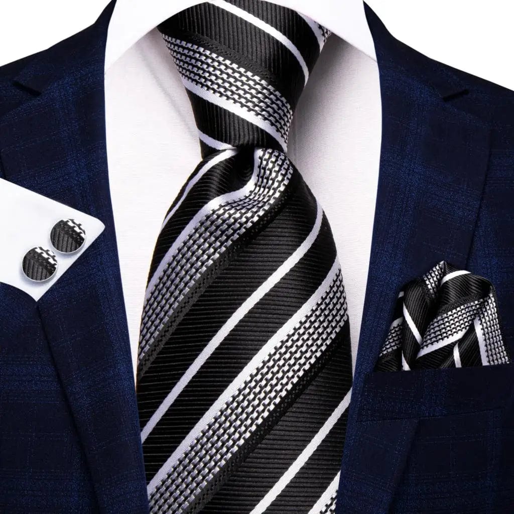 Navy blue striped silk tie set for men including necktie, matching hanky, and cufflinks, perfect for formal and wedding occasions.