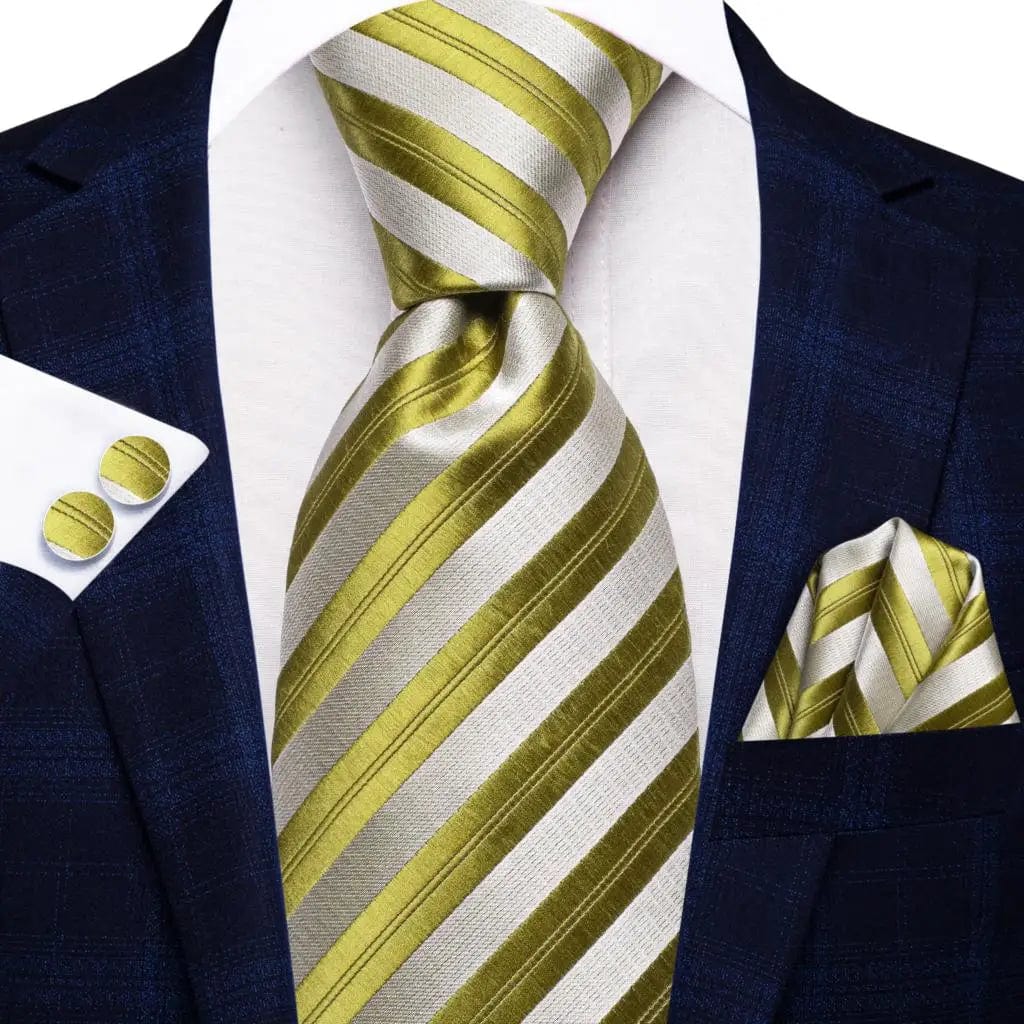 Navy blue striped silk tie set for men including necktie, matching hanky, and cufflinks, perfect for weddings and formal events.