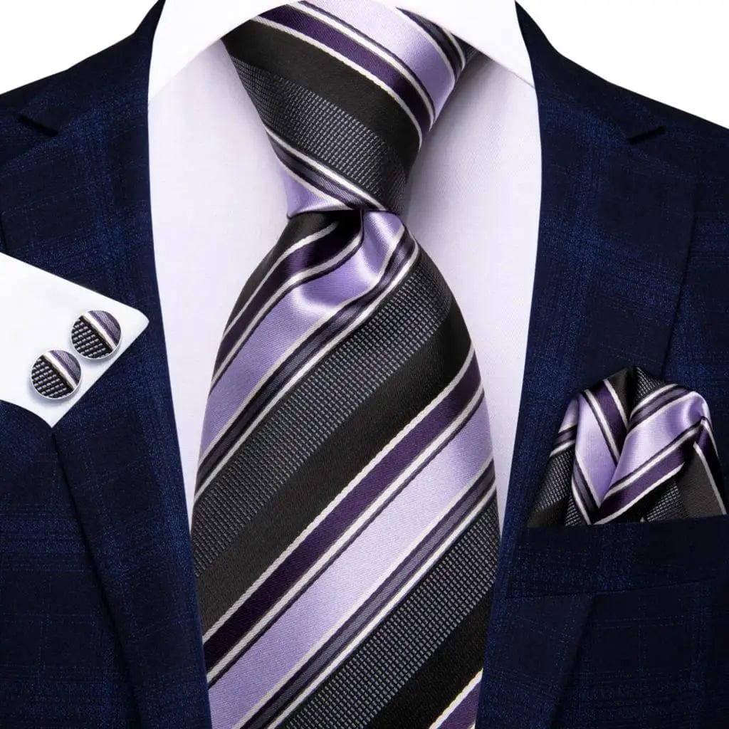 Navy blue striped silk tie set for men with matching hanky and cufflinks, perfect for weddings, business, or parties.