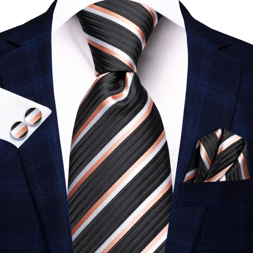 Navy blue striped silk men's tie set with matching hanky and cufflinks, perfect for formal occasions and business events.