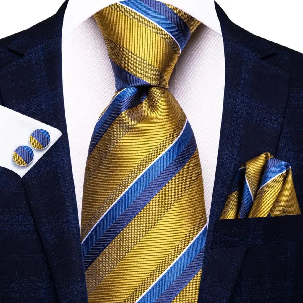 Navy blue striped silk tie set for men, includes matching hanky and cufflinks, stylish wedding and business accessory.