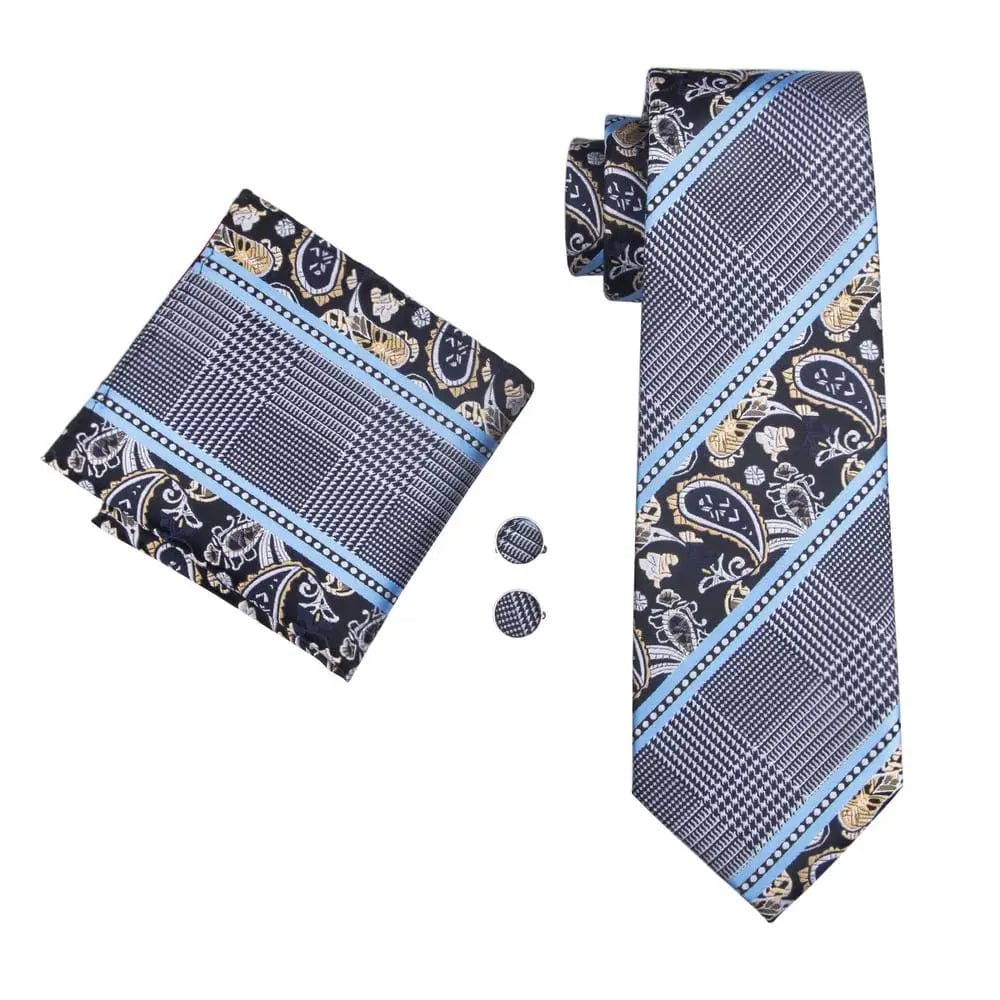 Navy blue striped silk tie set for men, includes necktie, matching hanky, and cufflinks, perfect for business or formal occasions.
