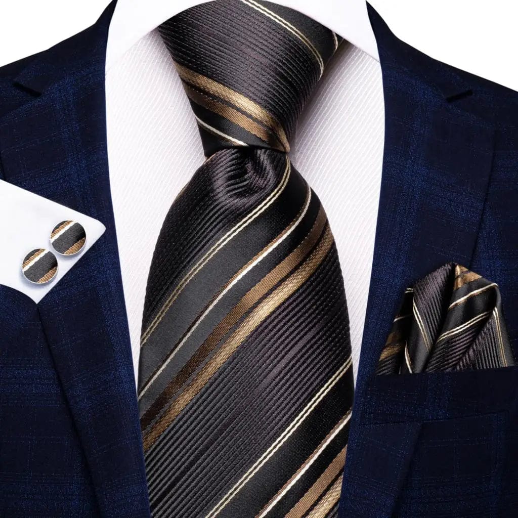 Navy blue striped silk tie set for men including necktie, pocket hanky, and cufflinks, stylish for business and formal occasions.