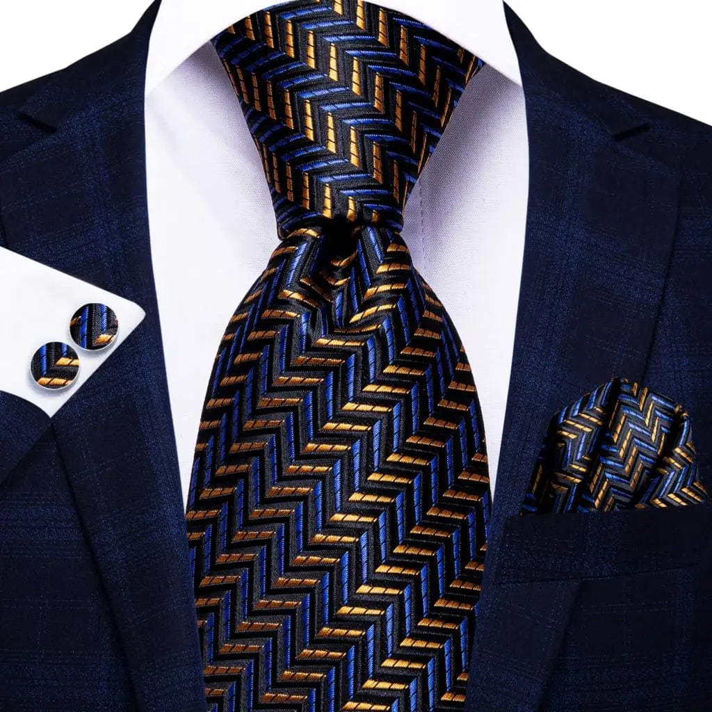 Navy blue striped silk tie set for men including necktie, pocket hanky, and cufflinks, perfect for formal or business wear.