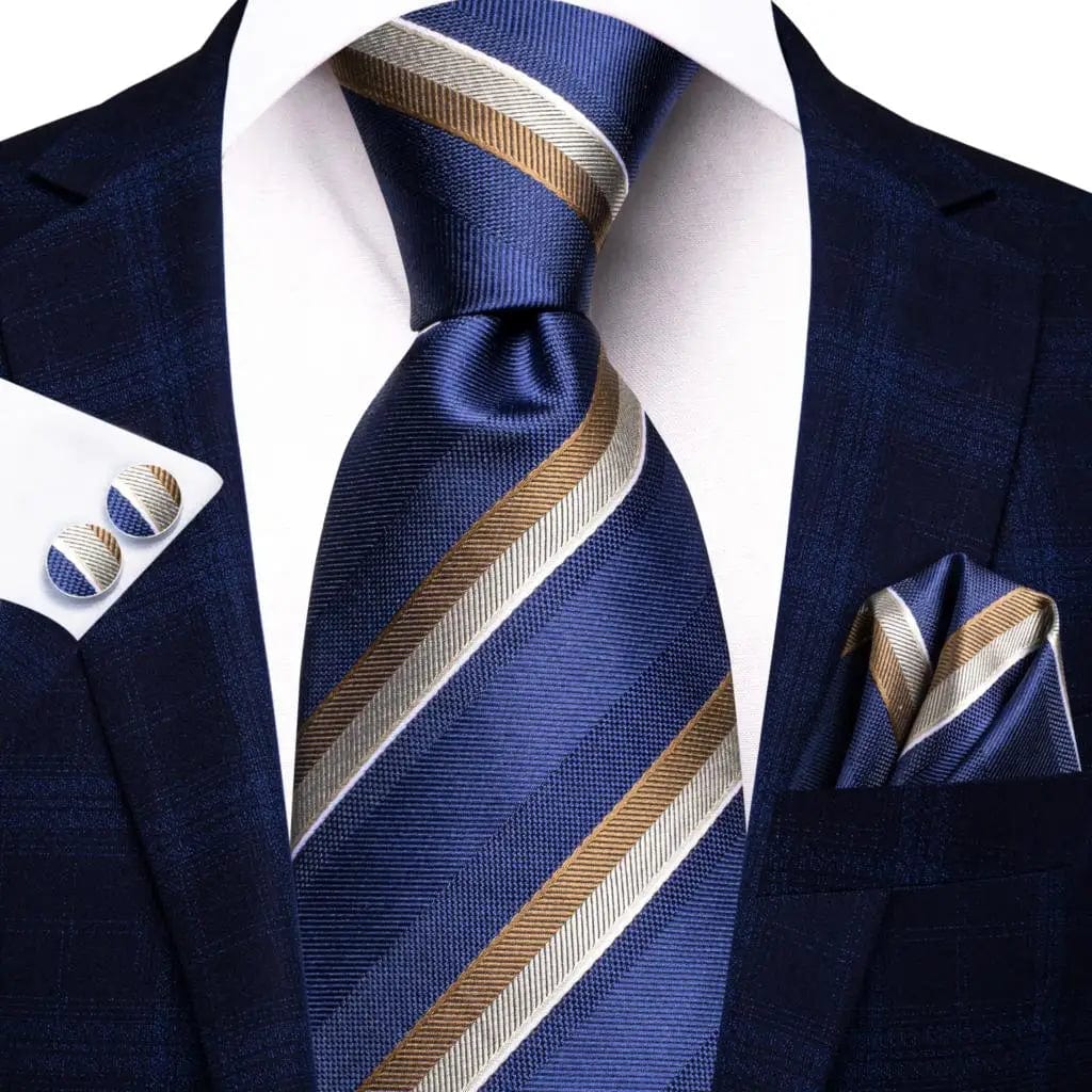 Navy blue striped silk tie set for men including necktie, pocket hanky, and cufflinks, perfect for business or formal occasions.