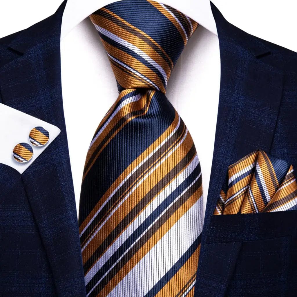 Hi-Tie solid gold yellow silk tie set with matching handkerchief and cufflinks for men, perfect for weddings and business attire.