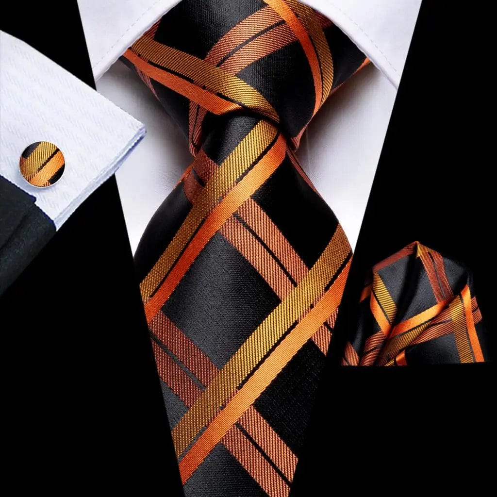 Solid gold yellow silk tie set for men including handkerchief and cufflinks, ideal for weddings and business occasions.