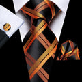 Solid gold yellow silk tie set for men including handkerchief and cufflinks, ideal for weddings and business occasions.