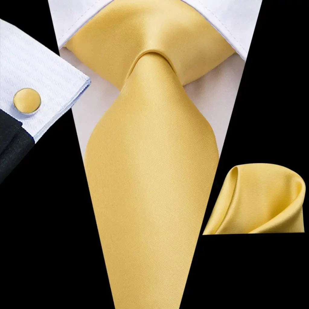 Hi-Tie solid gold yellow silk tie set with matching handkerchief and cufflinks, stylish gift for men, wedding or business attire.