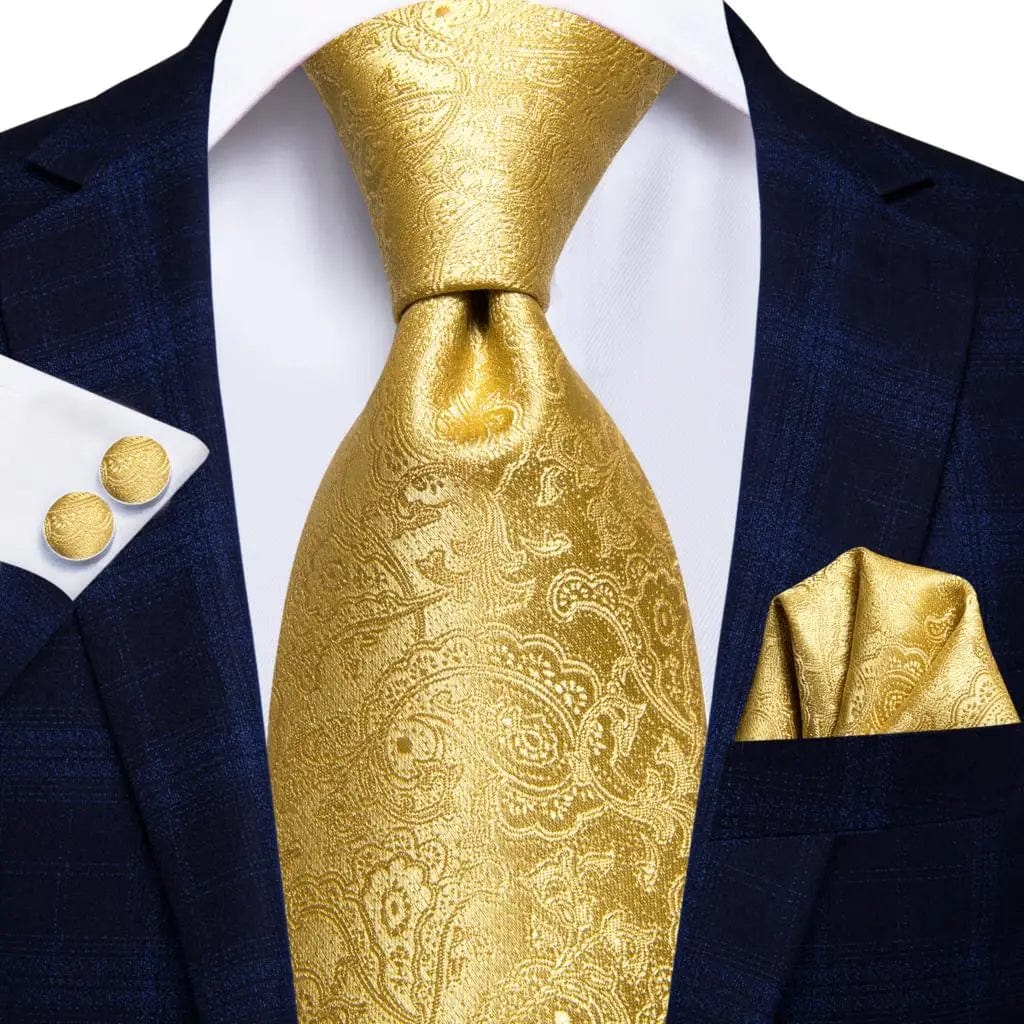 Hi-Tie solid gold yellow silk tie set with matching handkerchief and cufflinks, stylish men's wedding and business accessory.