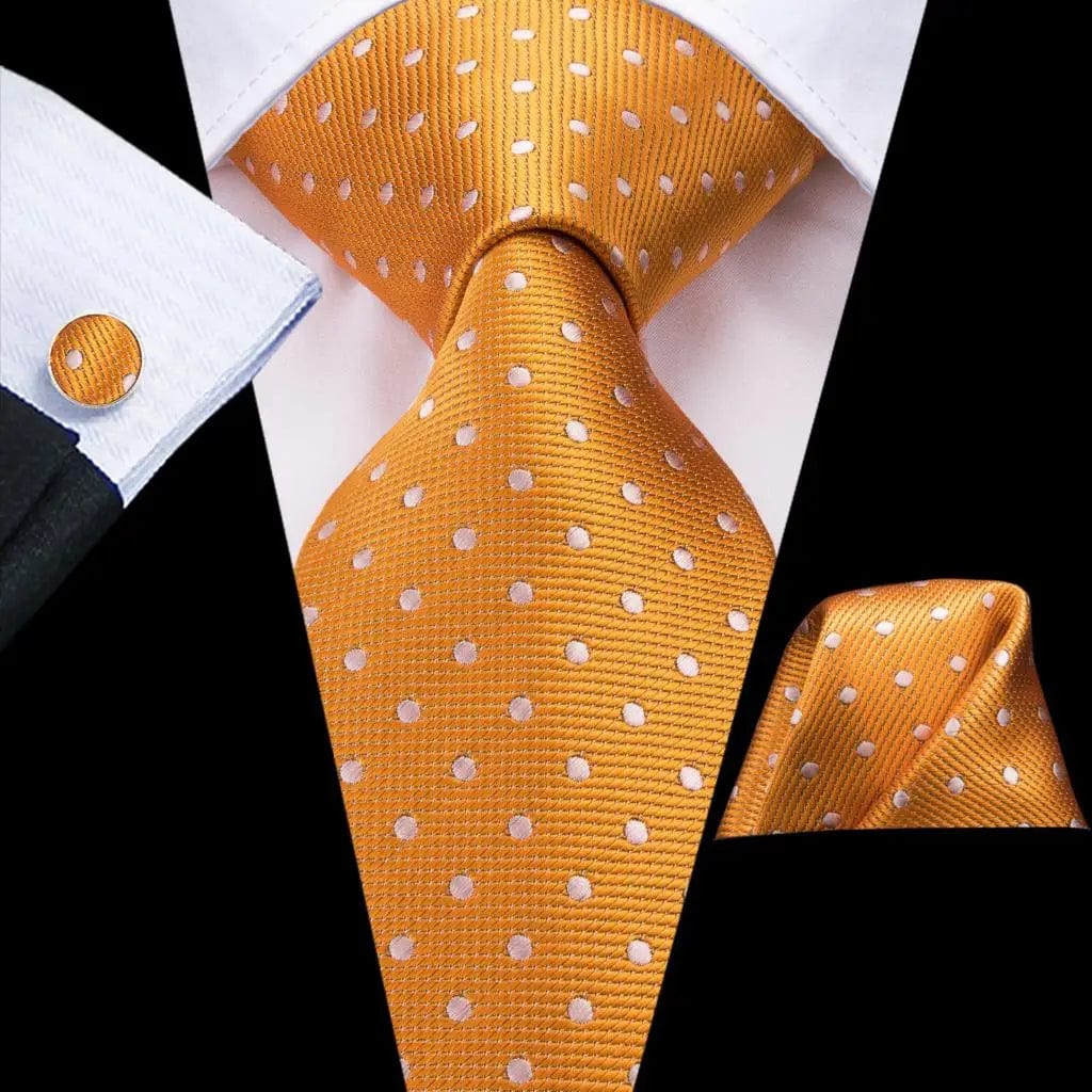 Hi-Tie solid gold yellow silk tie set for men with matching handkerchief and cufflinks, perfect for wedding or business attire