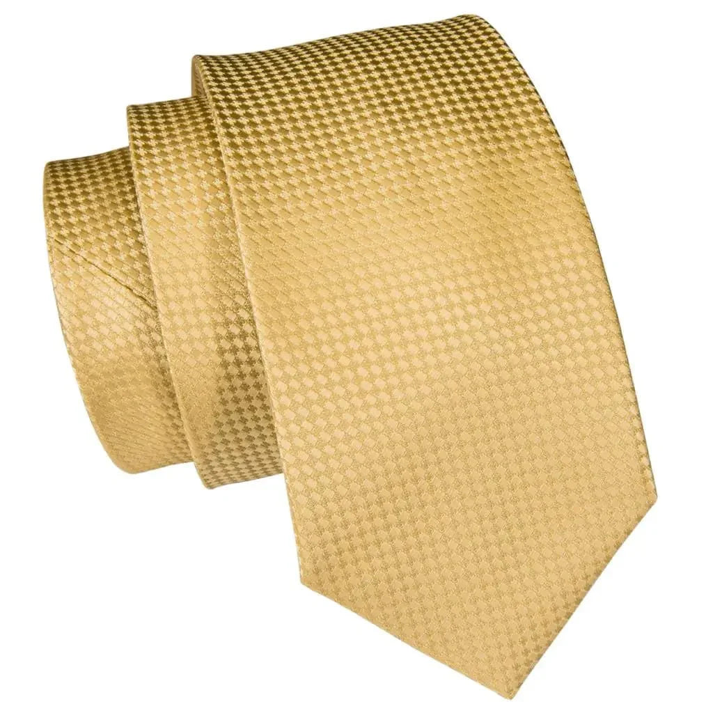 Hi-Tie solid gold yellow silk tie set with matching handkerchief and cufflinks, stylish men's accessories for formal occasions.