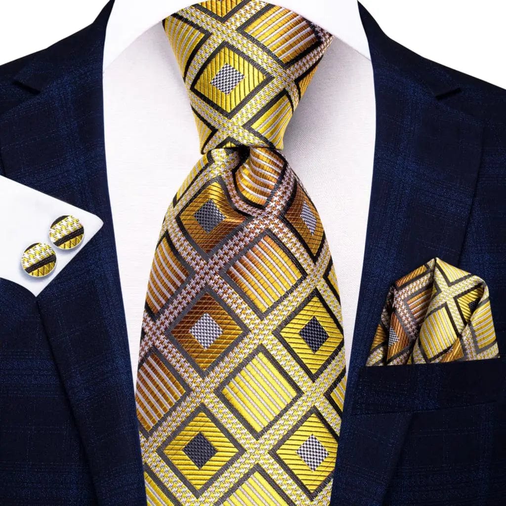 Hi-Tie solid gold yellow silk tie set with matching handkerchief and cufflinks, ideal for wedding or business attire.