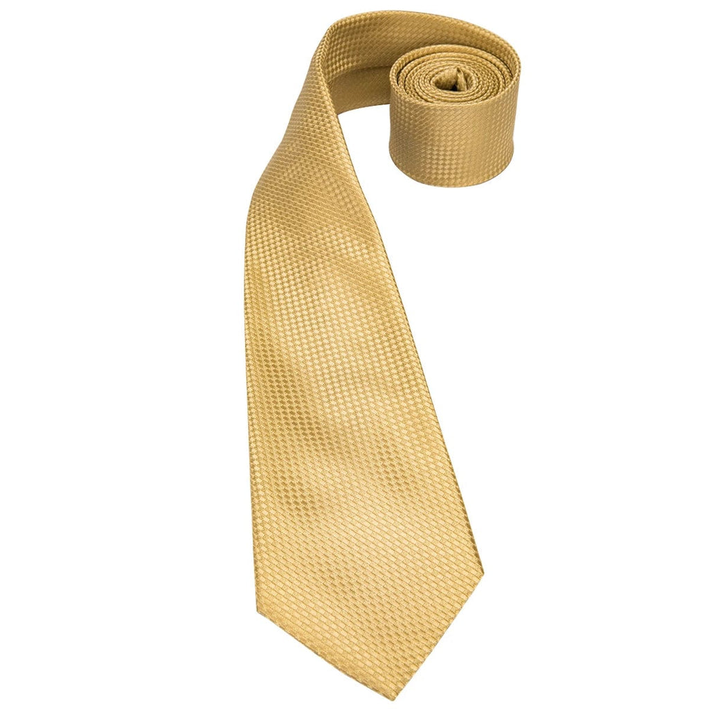 Hi-Tie solid gold yellow silk tie set with handkerchief and cufflinks for men, ideal for weddings and business attire.