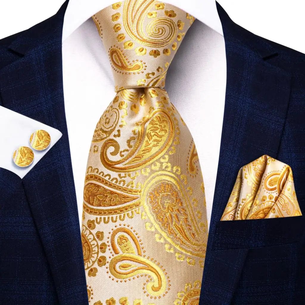 Hi-Tie solid gold yellow silk tie set with matching handkerchief and cufflinks, perfect for men's wedding or business attire.