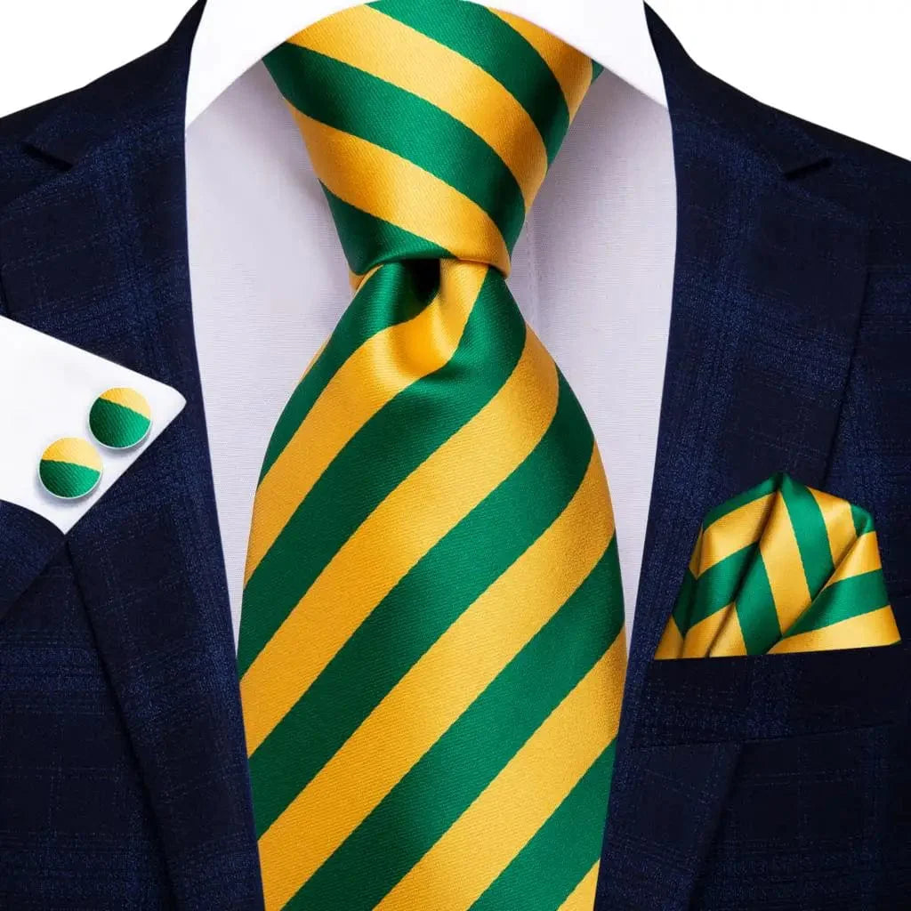 Hi-Tie solid gold yellow silk tie set with matching handkerchief and cufflinks, stylish men's wedding and business accessory.