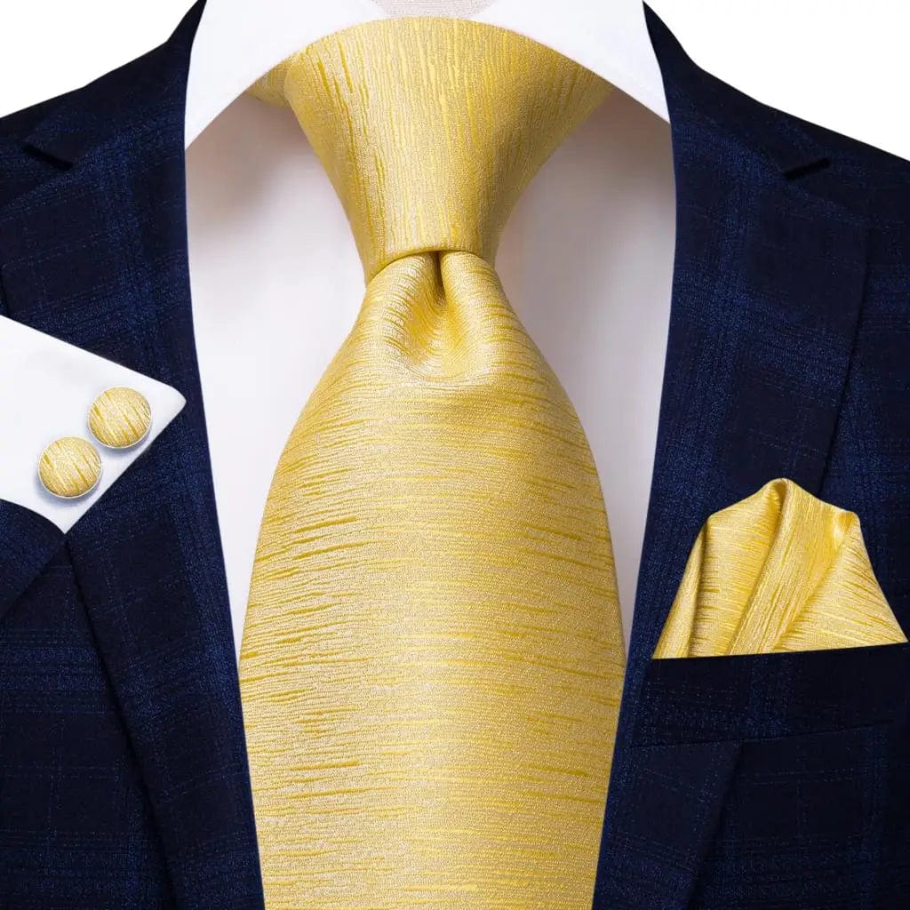 Hi-Tie solid gold yellow silk tie set with matching handkerchief and cufflinks, stylish men's accessory for wedding and business wear