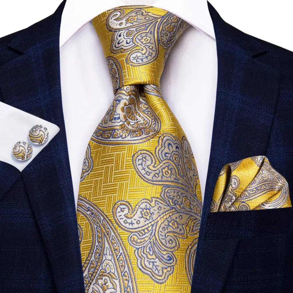 Hi-Tie solid gold yellow silk tie set with matching handkerchief and cufflinks for men, suitable for wedding or business occasions.