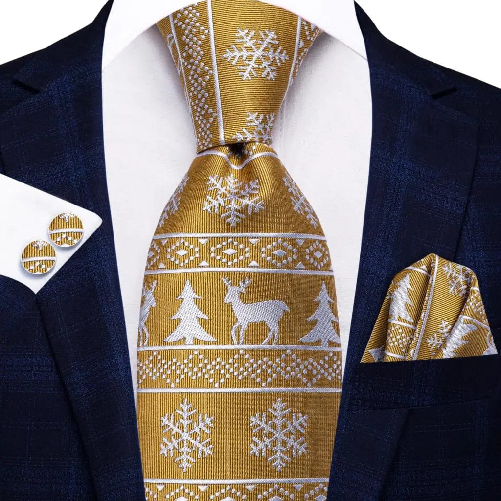 Hi-Tie solid gold yellow silk tie set for men with matching handkerchief and cufflinks, perfect for wedding or business attire.