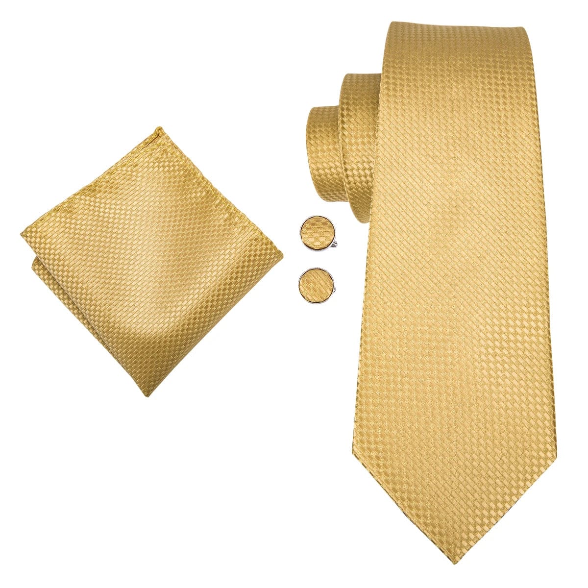 Hi-Tie solid gold yellow silk tie set with matching handkerchief and cufflinks, perfect for wedding or business attire.