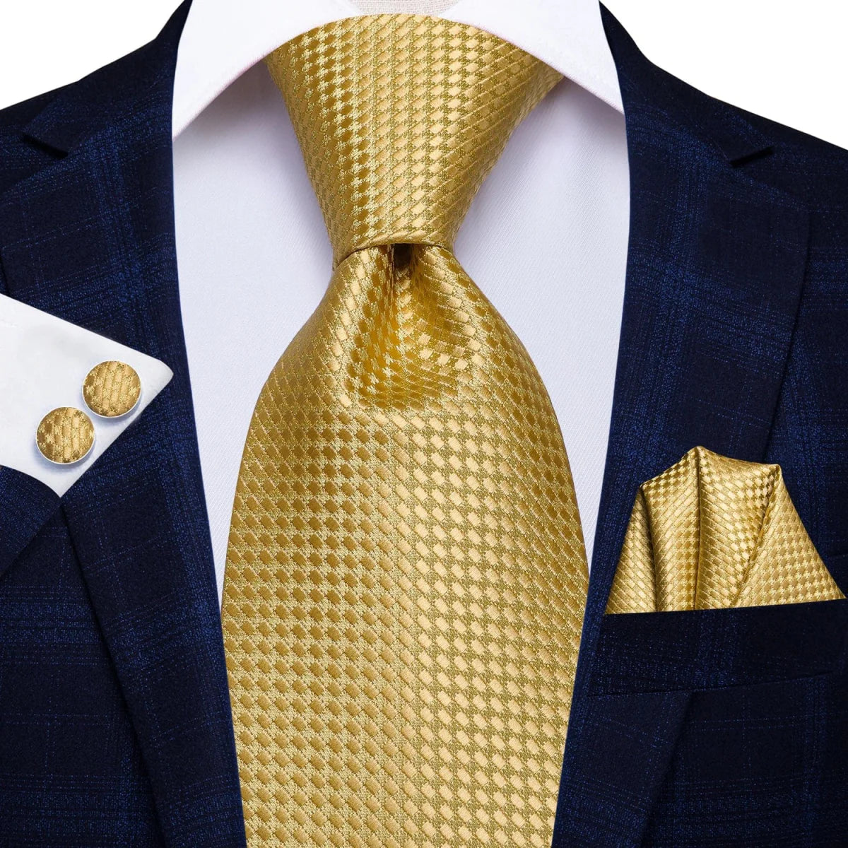 Hi-Tie solid gold yellow silk tie set with matching handkerchief and cufflinks, perfect for wedding or business attire.