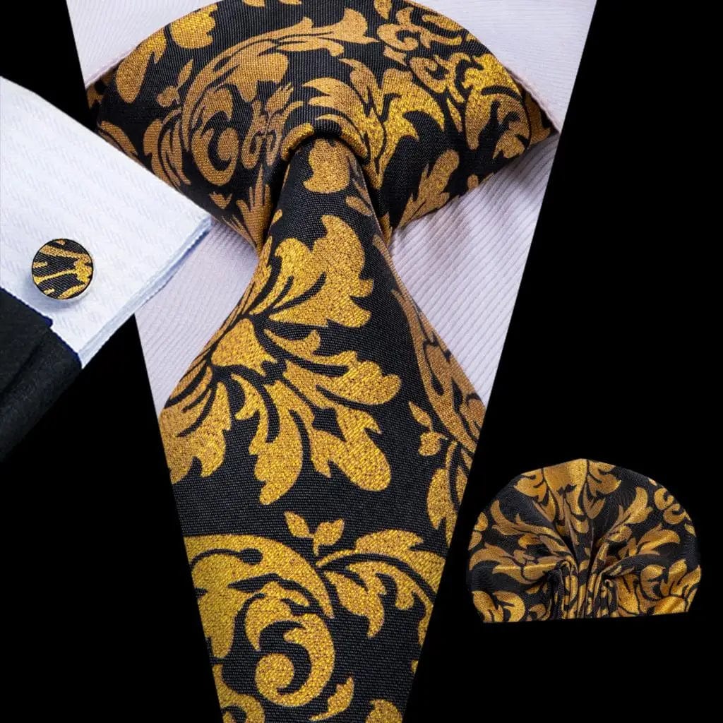 Hi-Tie solid gold yellow silk tie set with matching handkerchief and cufflinks, perfect for wedding or business attire.