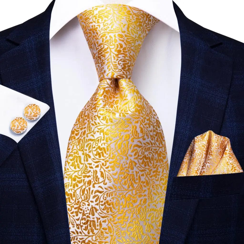 Hi-Tie solid gold yellow silk tie set with matching handkerchief and cufflinks, perfect for formal and wedding occasions.