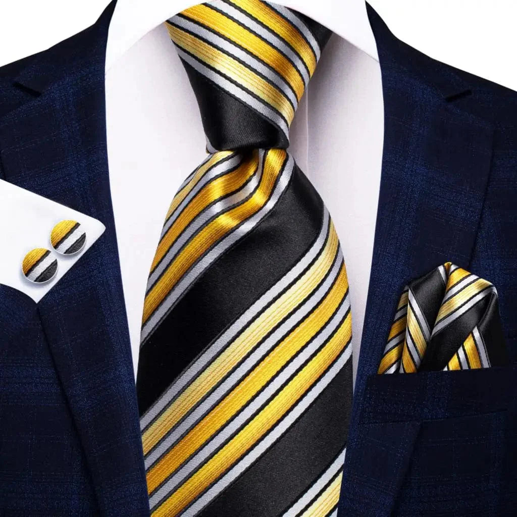 Gold yellow silk tie set including matching handkerchief and cufflinks, stylish men's accessory for wedding and business attire.