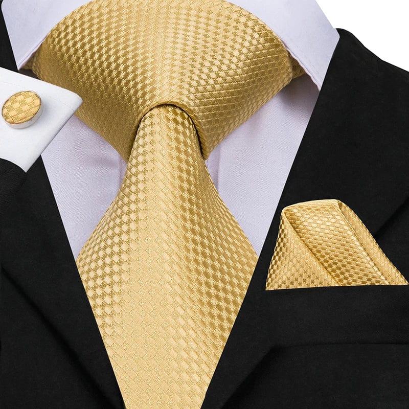 Hi-Tie solid gold yellow silk tie set with matching handkerchief and cufflinks for men, ideal for weddings and business occasions