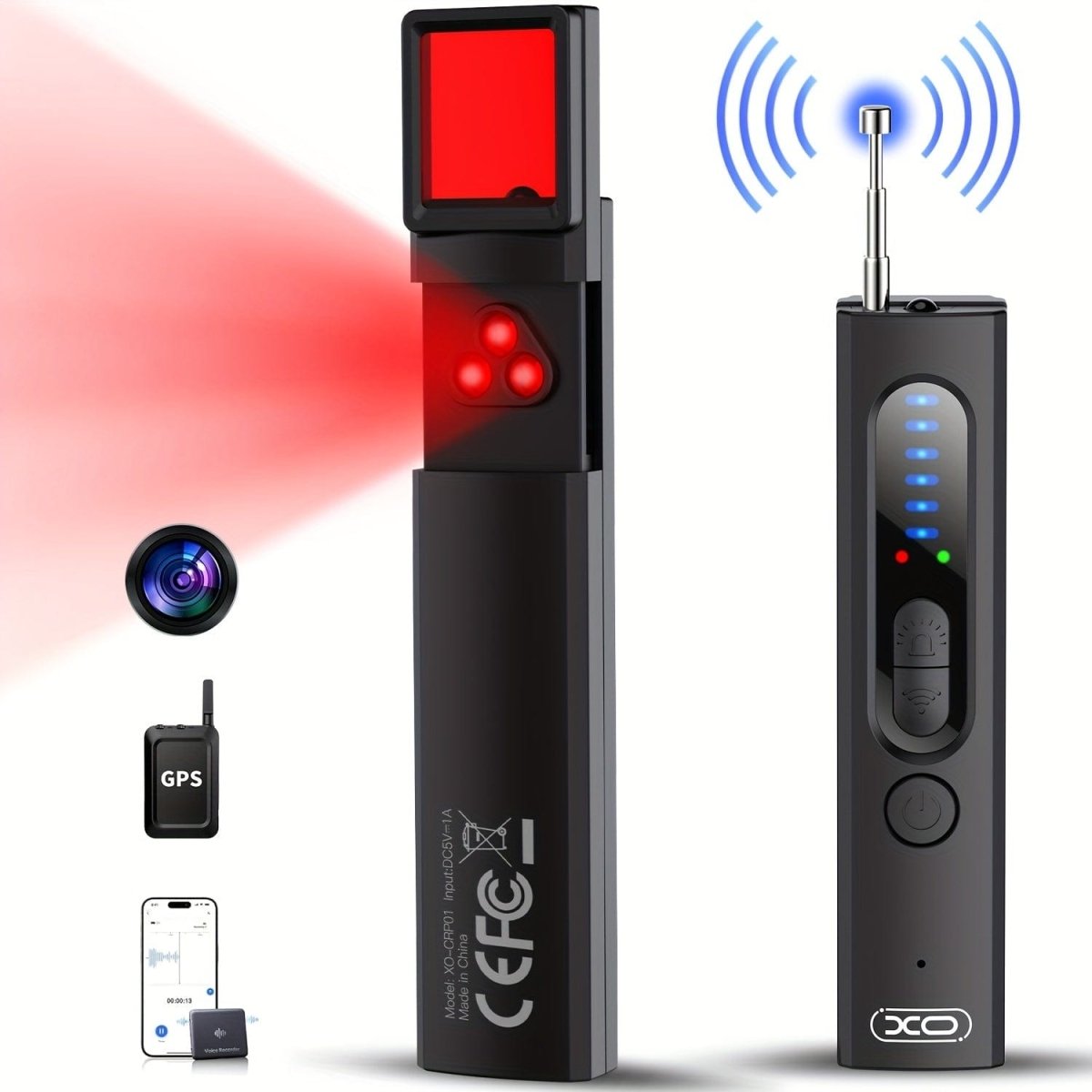 Showlu Fashion Store XO hidden camera detector with GPS tracker and wireless device finder, suitable for car, office, or hotel use.
