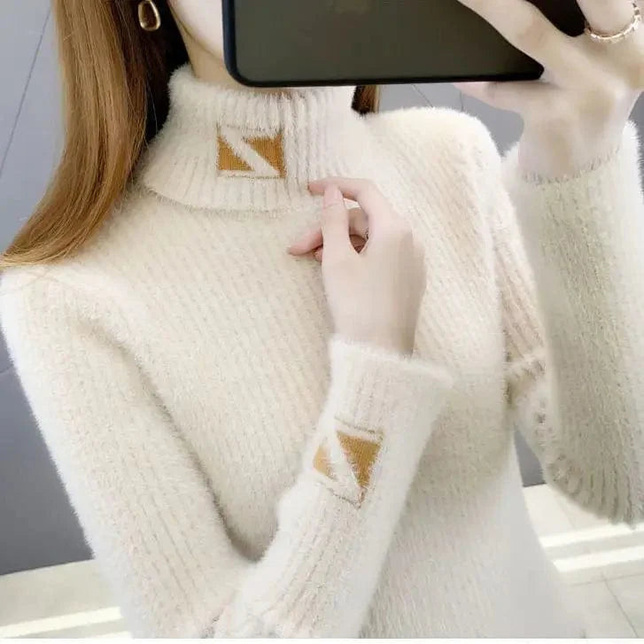 Women's thick cotton knit mock neck pullover sweater featuring a mink letter jacquard pattern in solid colors, perfect for autumn and winter.