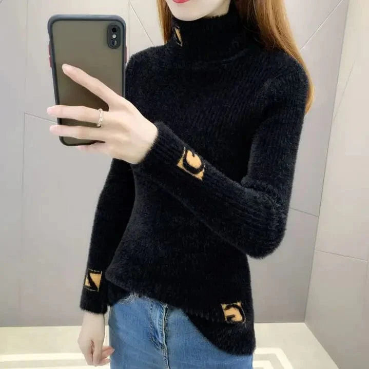 Women's thick cotton knit mock neck pullover sweater with a mink letter jacquard pattern, suitable for autumn and winter wear.