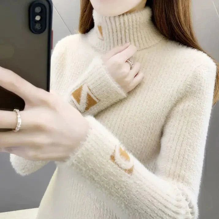 Women's thick cotton knit mock neck pullover sweater with mink letter jacquard design, suitable for autumn and winter.